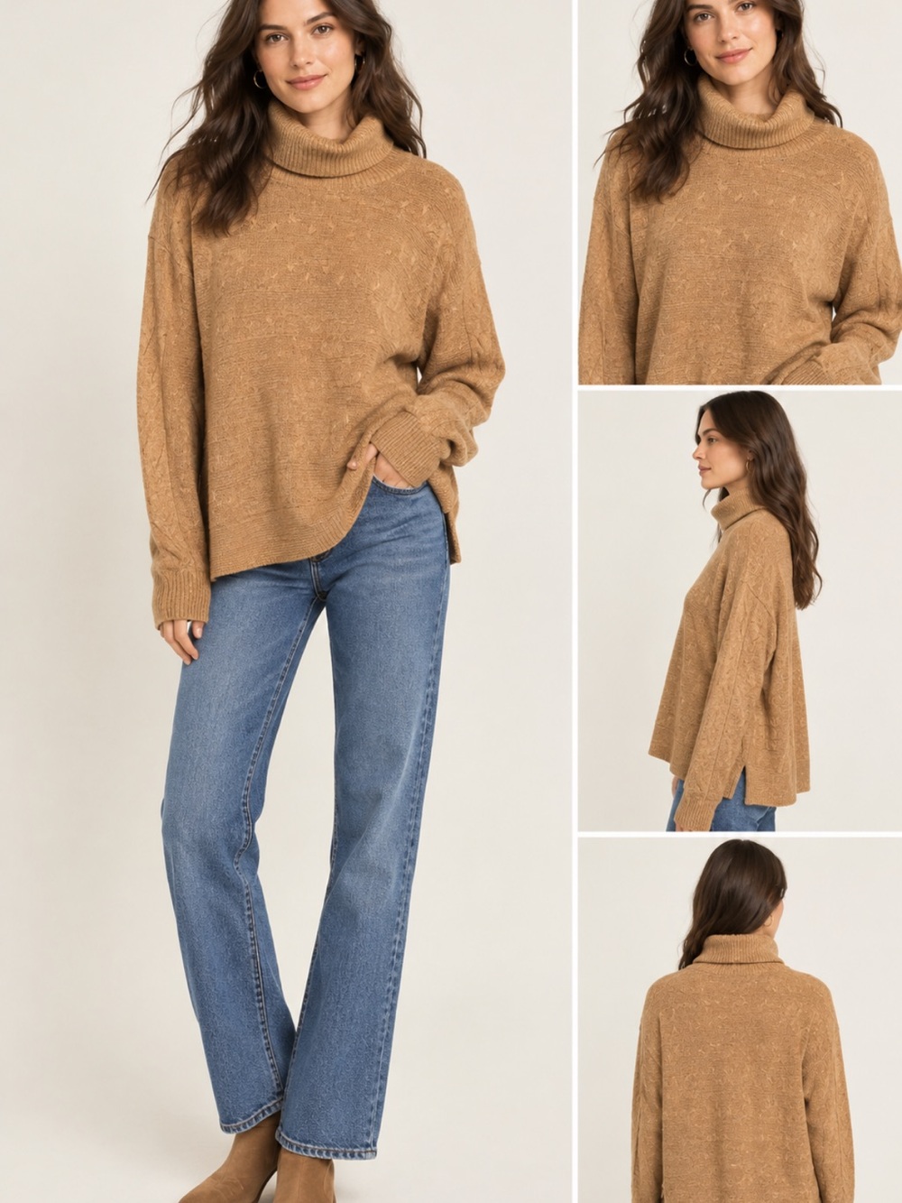 Bianco & Blu Camel Cable Knit Cowl Neck Sweater Large